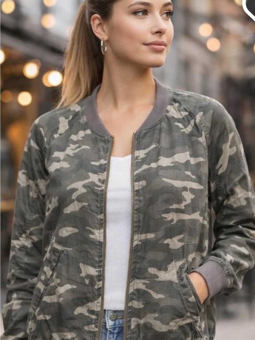beachlunchlounge Camouflage Bomber Jacket in Olive and Khaki Tones 100% viscose